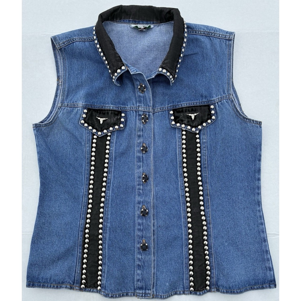 Womens Western Jean Vest Jacket Vintage Green Field Denim Made In USA Size XL